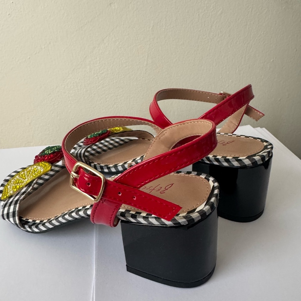 Betsey Johnson Red and Black Gingham Sandals with Beaded Fruit - Picture 2 of 4